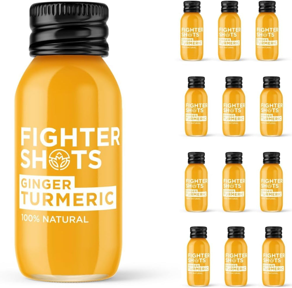 Front view of Fighter Shots Ginger + Turmeric bottle