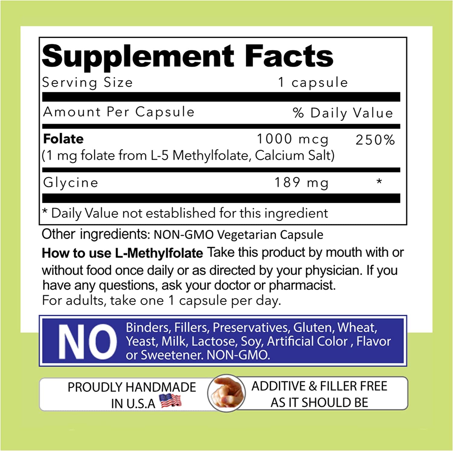 Label highlighting filler-free methylfolate formula