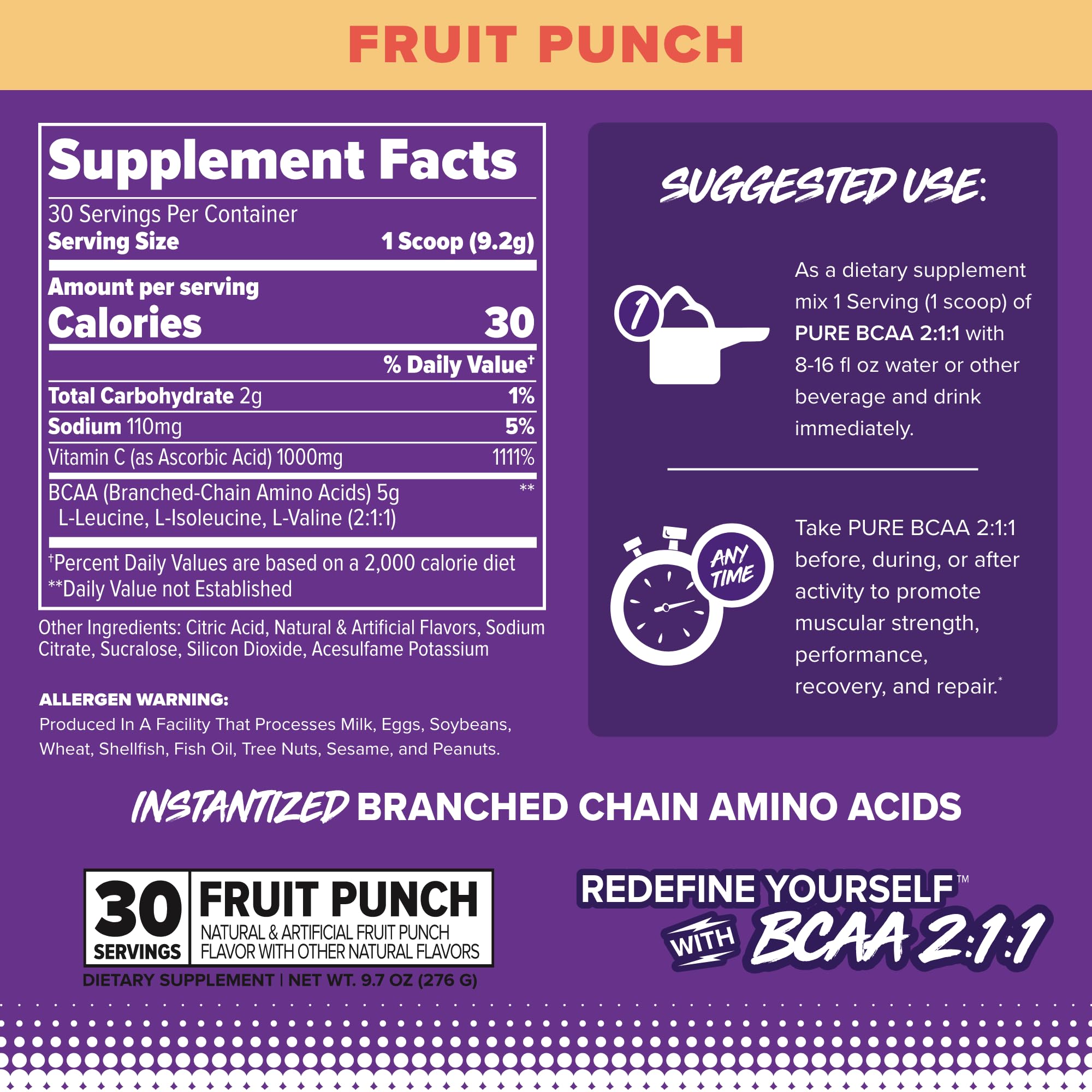 Close-up of label showing BCAA 2:1:1 ratio and Fruit Punch flavor