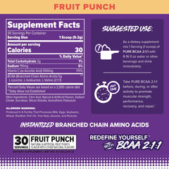 Close-up of label showing BCAA 2:1:1 ratio and Fruit Punch flavor