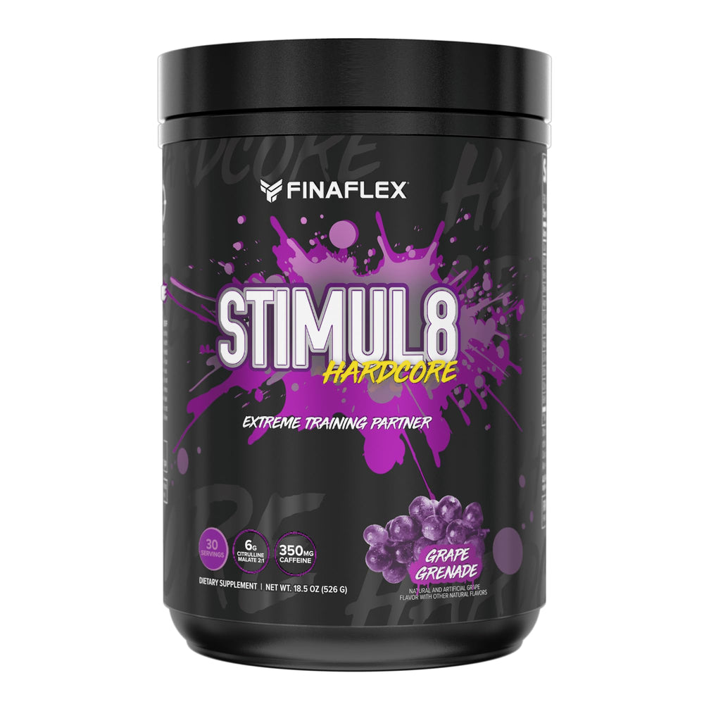 FINAFLEX STIMUL8 Hardcore grape grenade bottle boosts energy for workouts and active days.