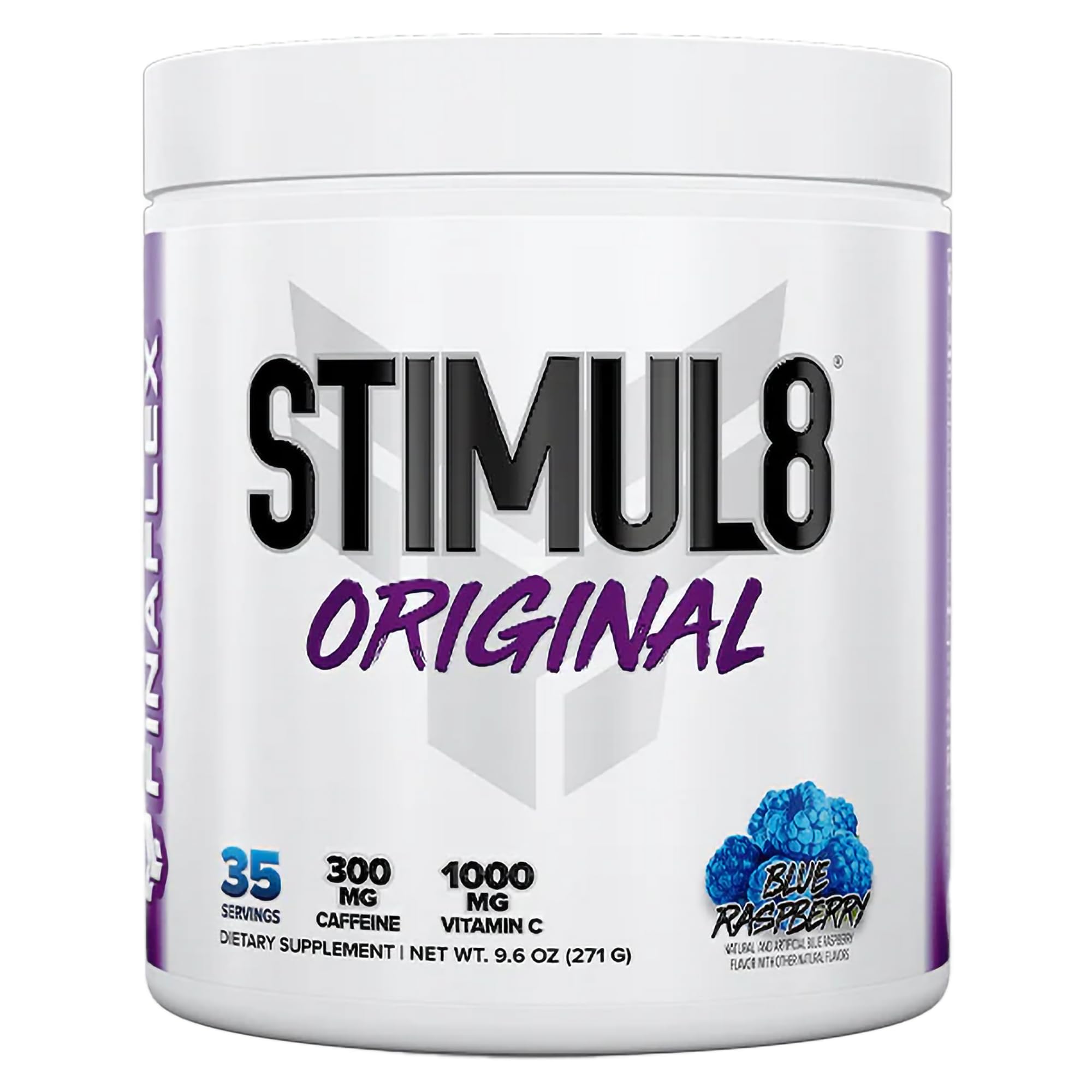 FINAFLEX STIMUL8 blue raspberry tub ready for high-energy workouts.