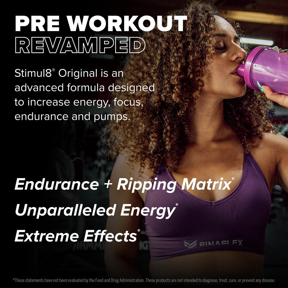 FINAFLEX STIMUL8 ingredients label highlights caffeine and vitamin C.