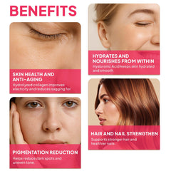 Ingredients highlighting hyaluronic acid, vitamin C, biotin, elastin, and pearl coix