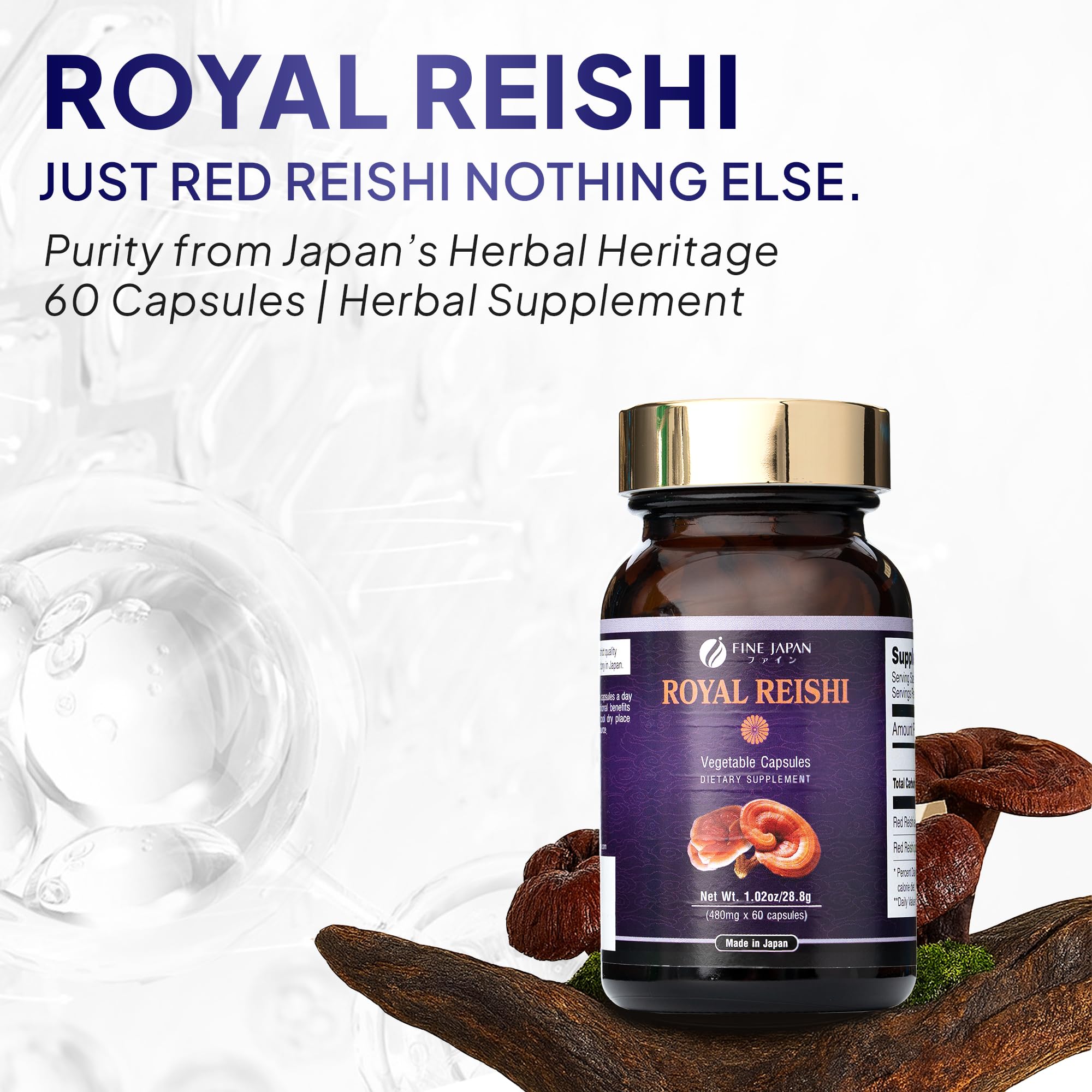 Bottle label close-up of Fine Japan Royal Reishi Capsules