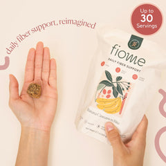 Serving size 30 bites shown with Fiome container