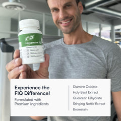 Diagram of Histamine IQ ingredients highlighting DAO, Quercetin, Nettle, Holy Basil and Bromelain