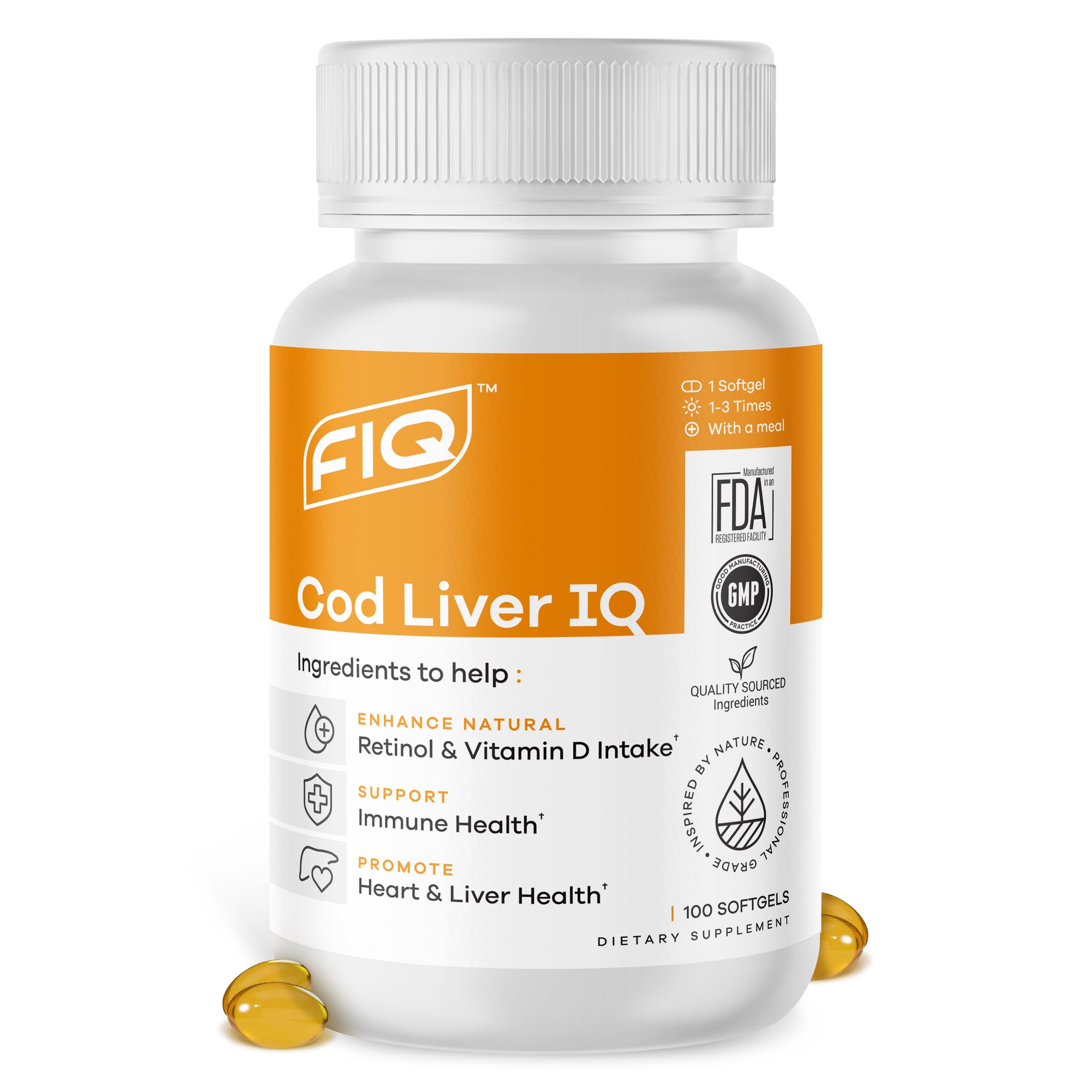 FIQ Cod Liver IQ bottle and softgels close-up
