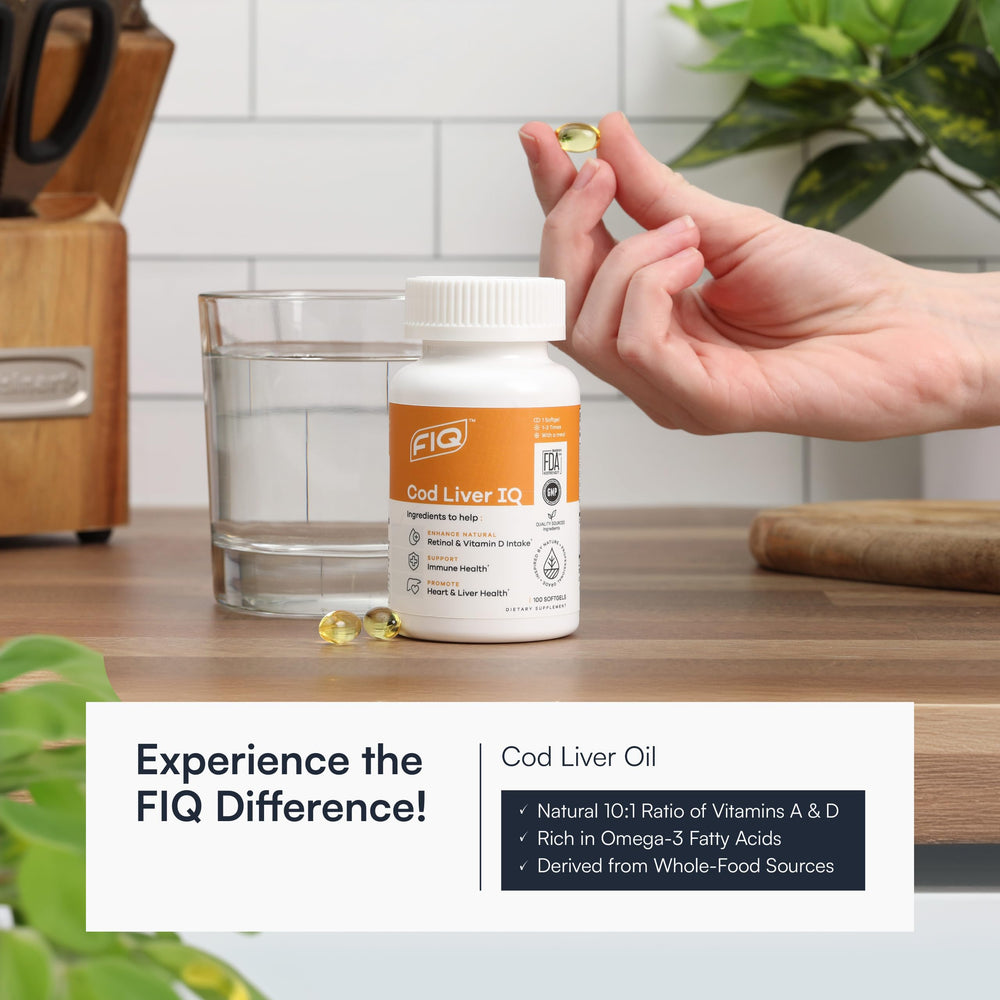 Close-up of Cod Liver IQ softgel capsules