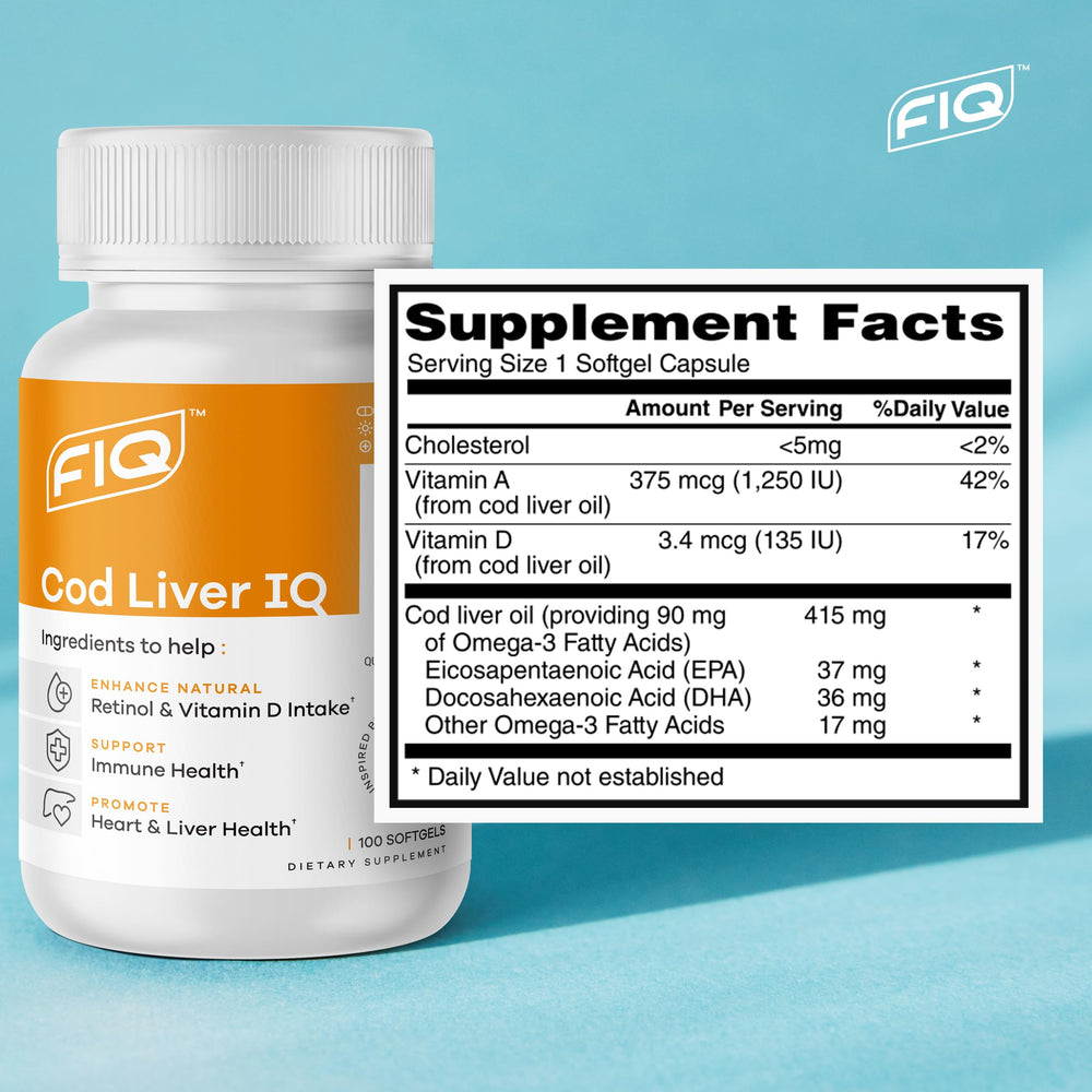 Vitamins A & D and Omega-3 imagery for Cod Liver IQ