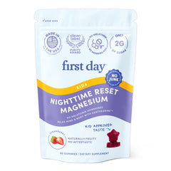 Bottle of FIRST DAY Kids Magnesium Citrate Gummies strawberry flavor for ages 4 and up.