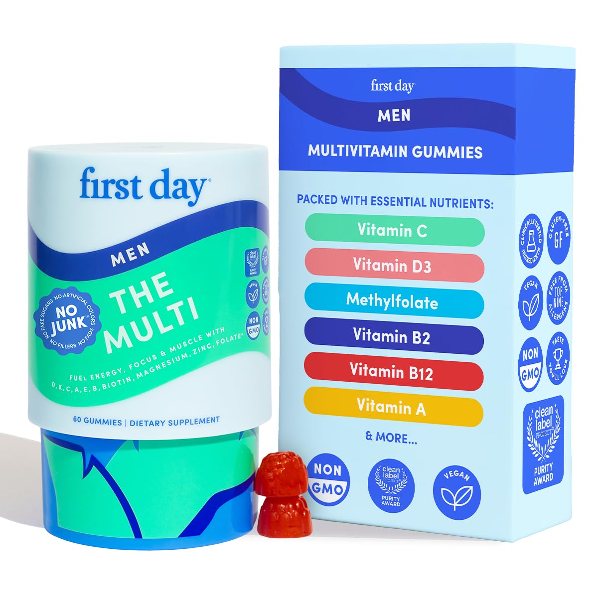 Front view of FIRST DAY Men's Multivitamin Gummies bottle