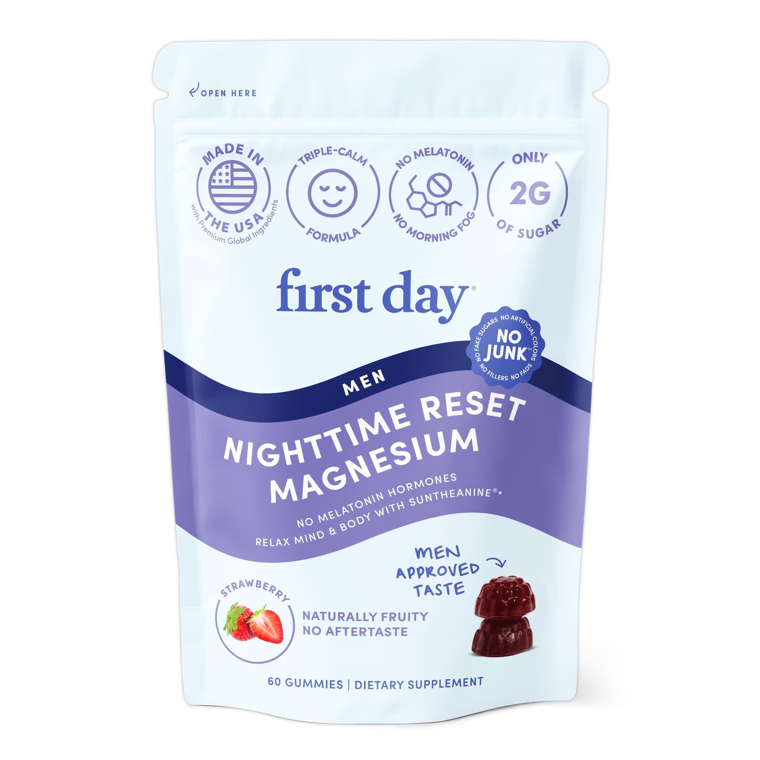 First Day Nighttime Reset Magnesium Gummies bottle on white background