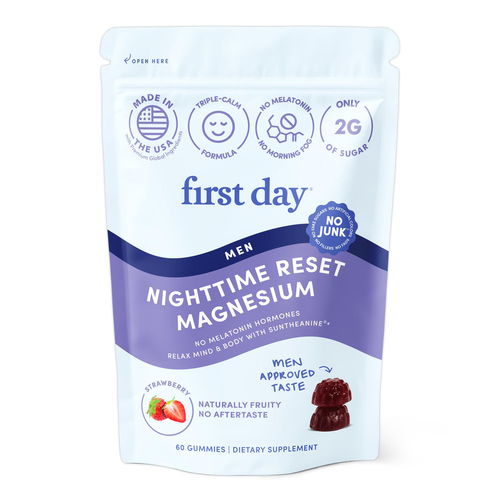First Day Nighttime Reset Magnesium Gummies bottle on white background