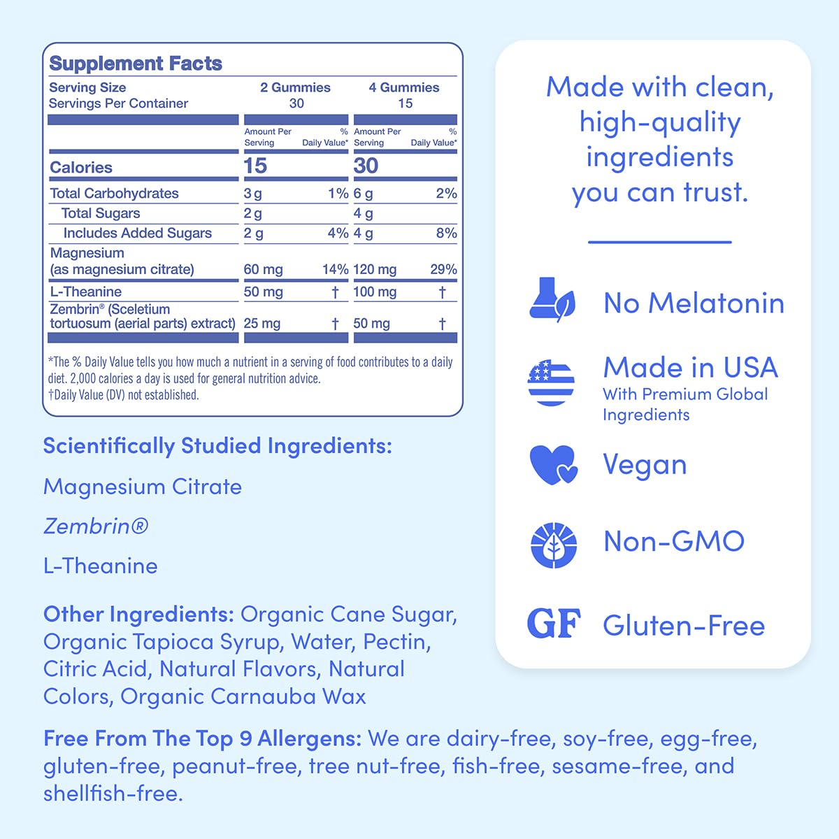 Highlights: magnesium citrate, L-Theanine, Zembrin
