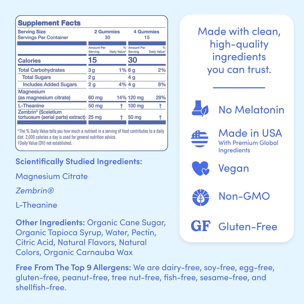 Highlights: magnesium citrate, L-Theanine, Zembrin