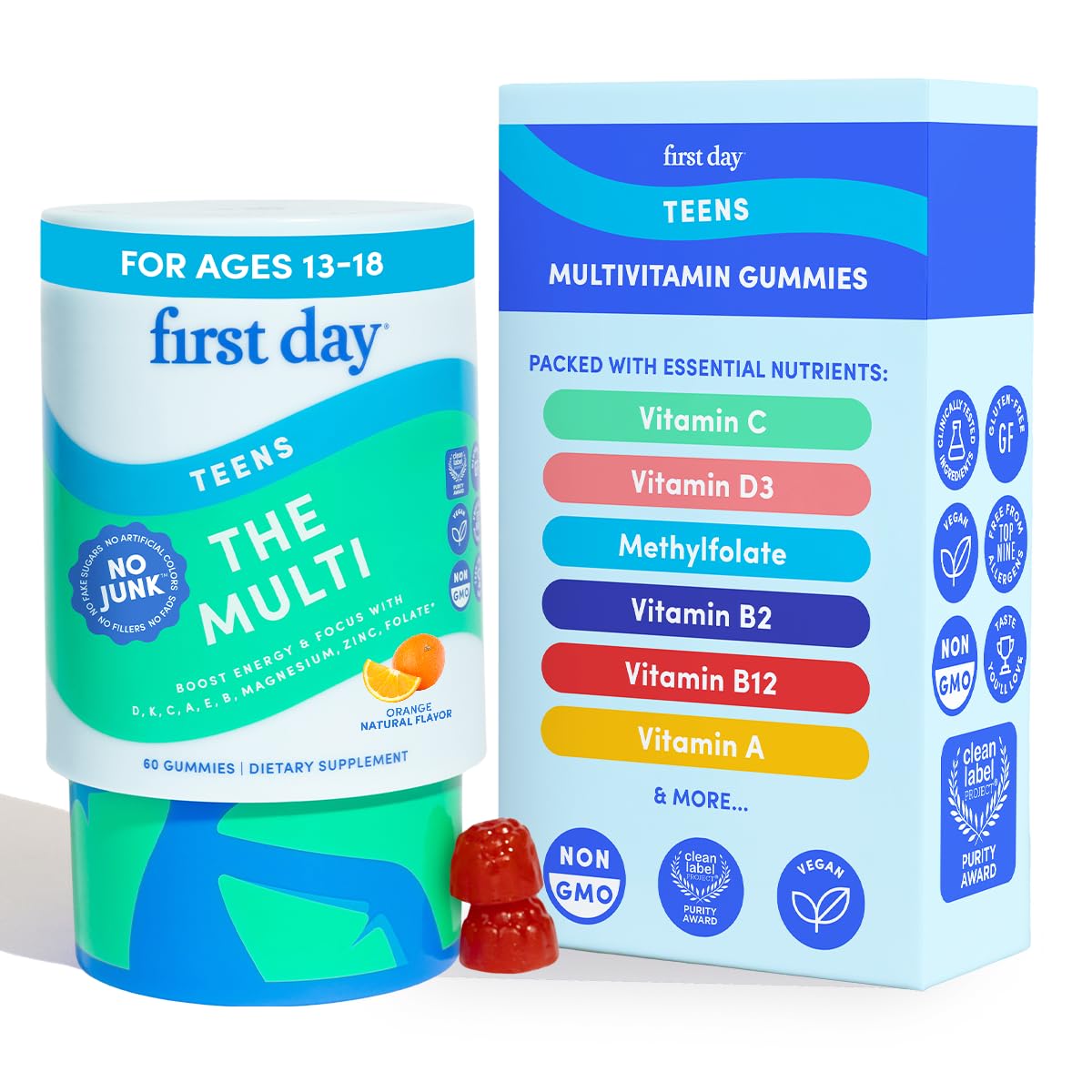 FIRST DAY teen vitamins gummies bottle helps teens start their day with a quick, tasty nutritional boost.