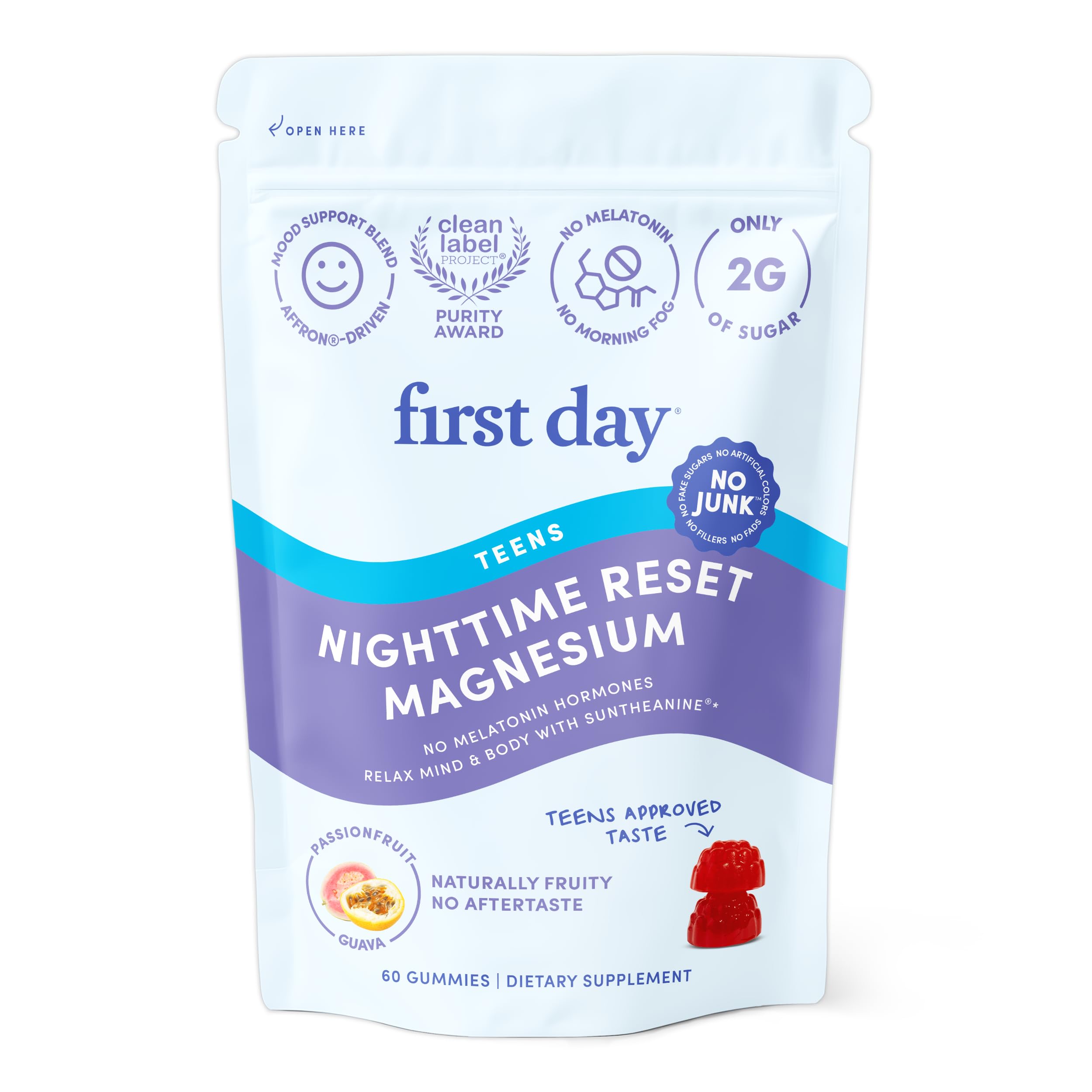 First Day Teens' Nighttime Reset Magnesium Gummies bottle and label