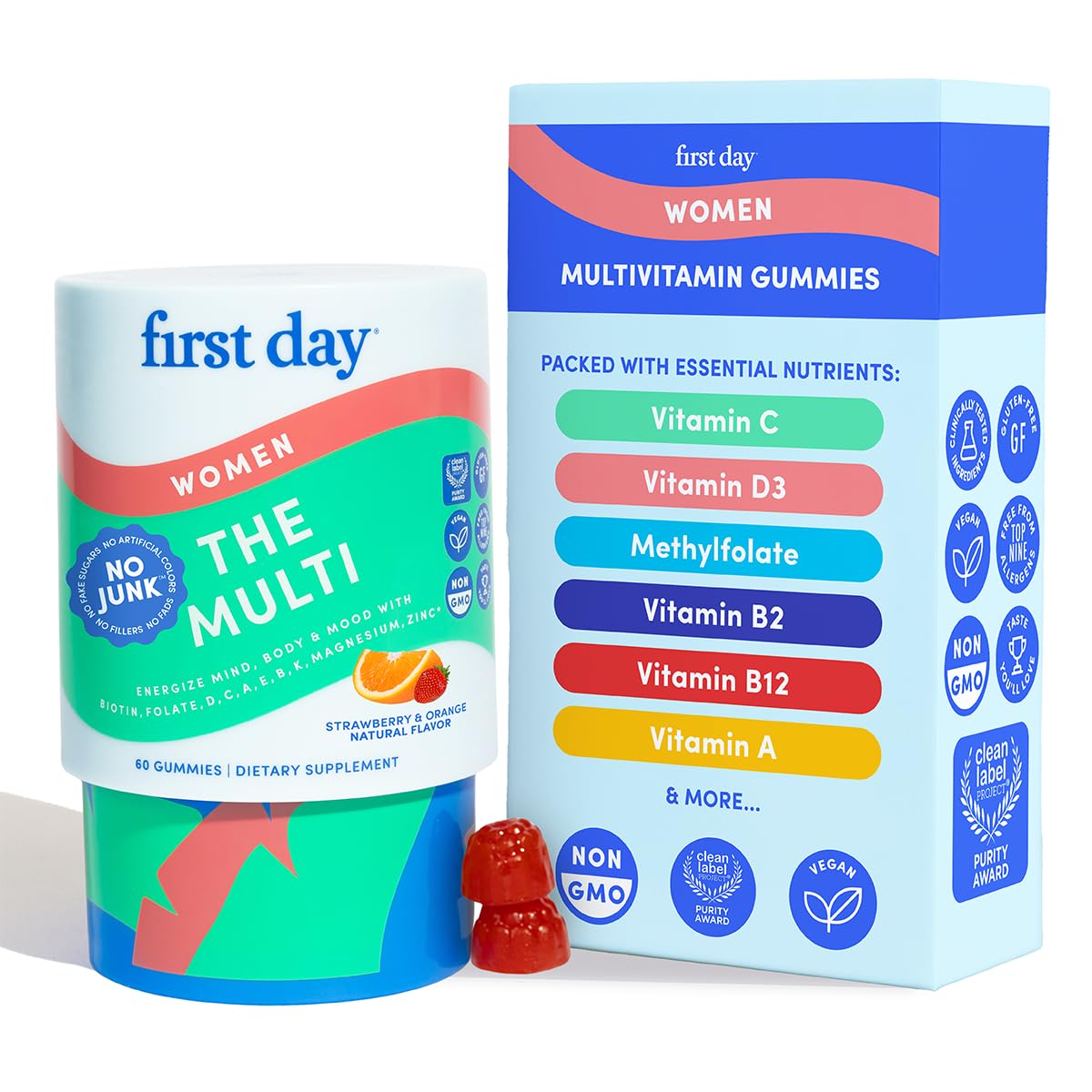 Bottle of FIRST DAY Women's Multivitamin Gummies with label visible