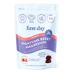 Front view of First Day Nighttime Reset Magnesium Gummies bottle