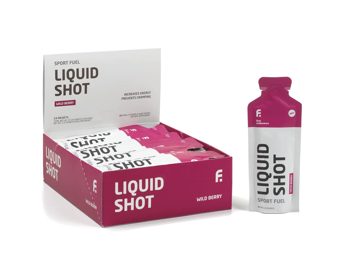 Hero shot of FIRST ENDURANCE Liquid Shot in Wild Berry flavor