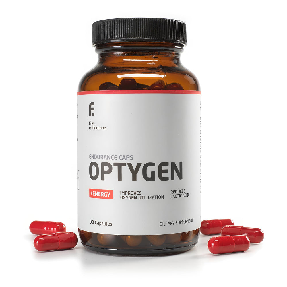 First Endurance Optygen bottle highlights a premium endurance formula for boosted training performance.