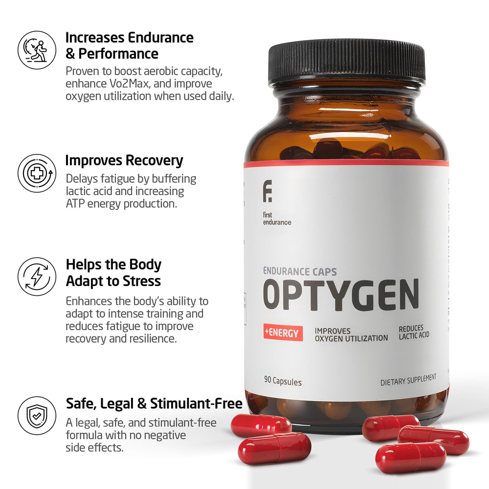 First Endurance Optygen capsules closeup emphasizing VO2 max support for longer workouts.