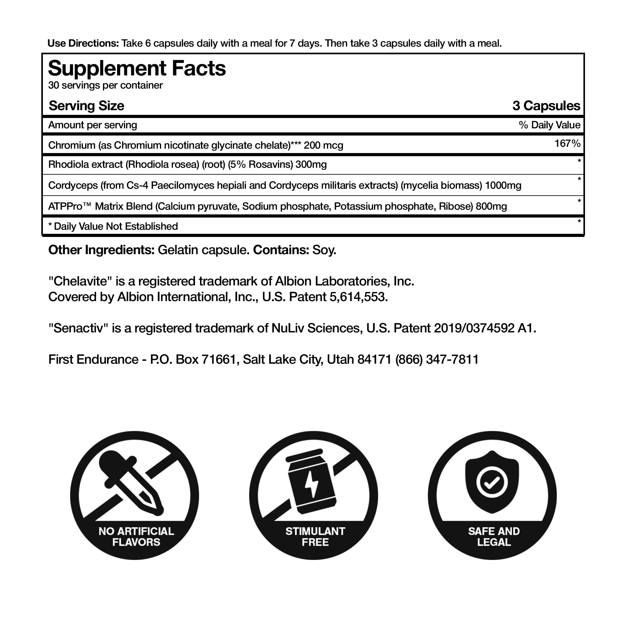 First Endurance Optygen ingredients rhodiola cordyceps closeup communicates energy support.