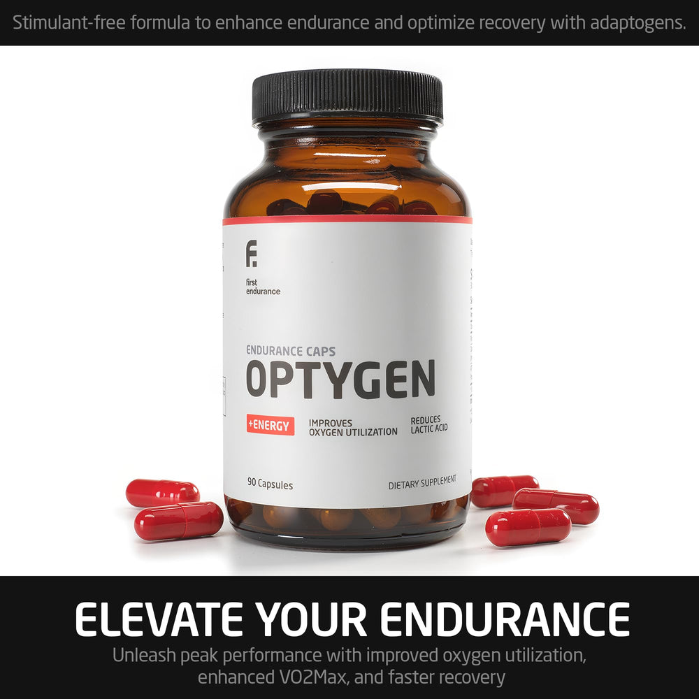 First Endurance Optygen packaging 90-capsules demonstrates convenient supplementation for frequent training.