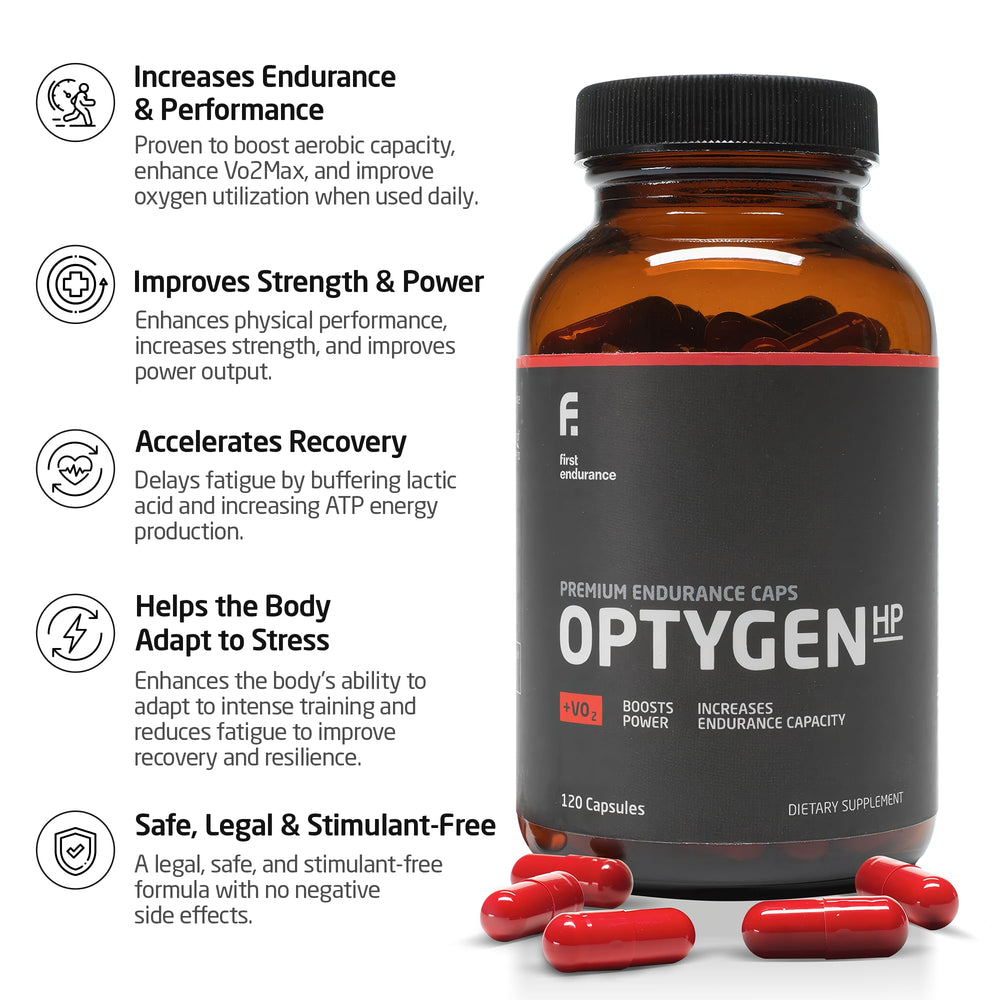 FIRST ENDURANCE OPTYGENHP bottle-label highlighting ingredients for VO2 max and recovery