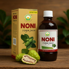 First-press Noni juice bottle and label
