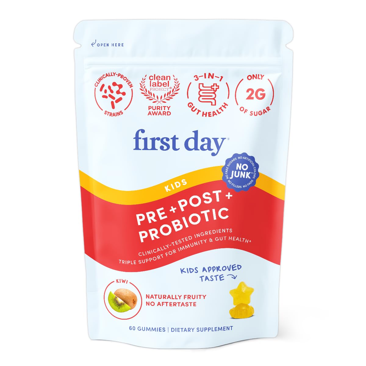 Bottle of FIRST DAY Kids Probiotic Gummies with kiwi-flavored gummies on display