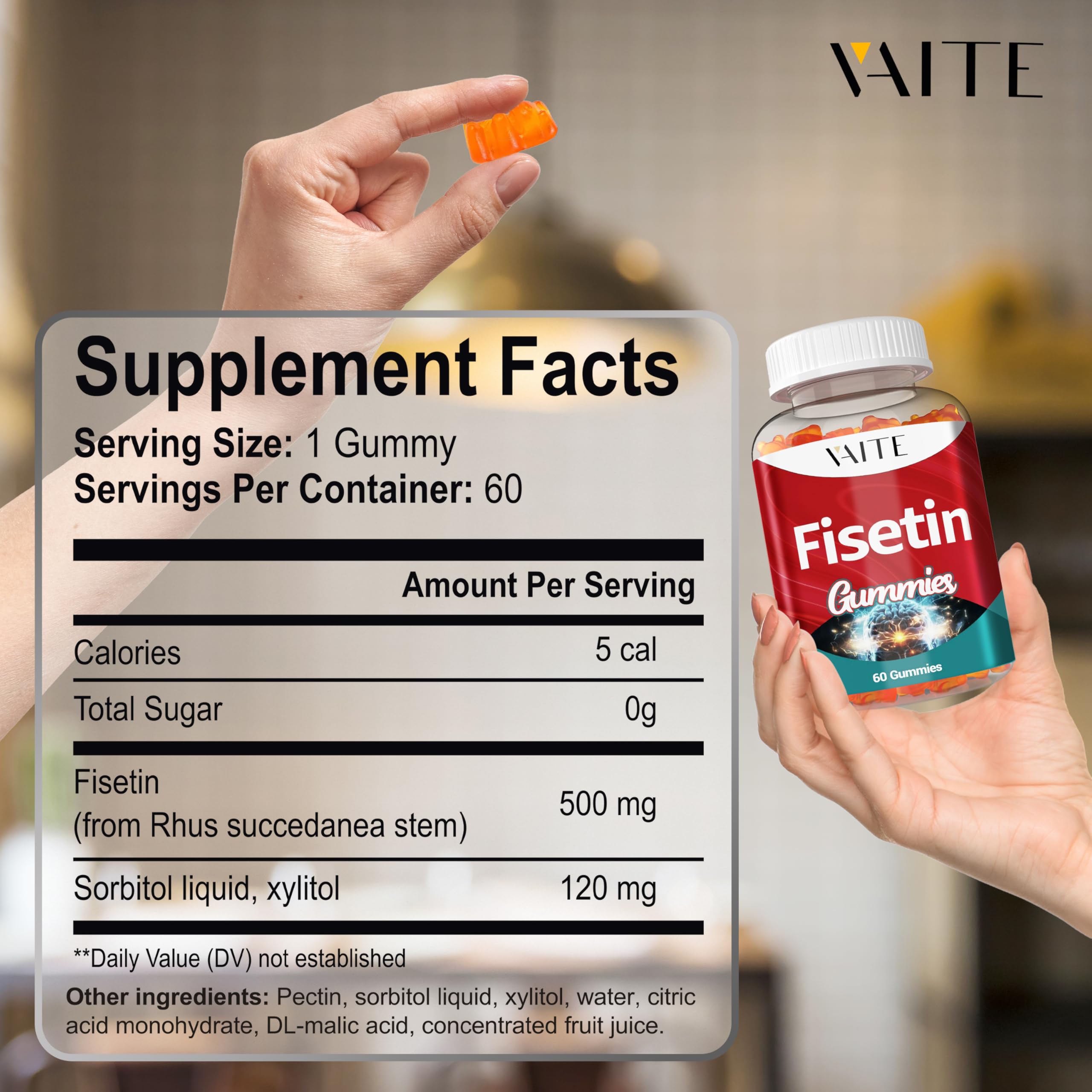 Vegan, Non-GMO Fisetin gummies with plant extracts