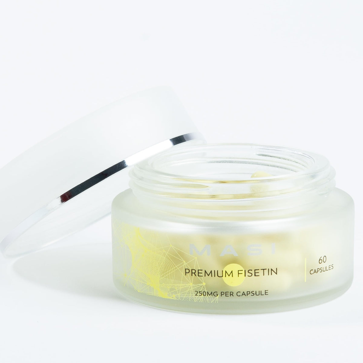Fisetin supplement bottle with 250 mg capsules, 60-count