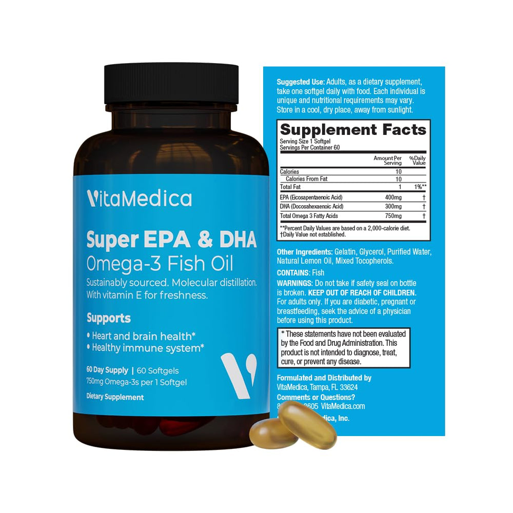 High-potency fish oil 750mg omega-3 EPA and DHA capsule