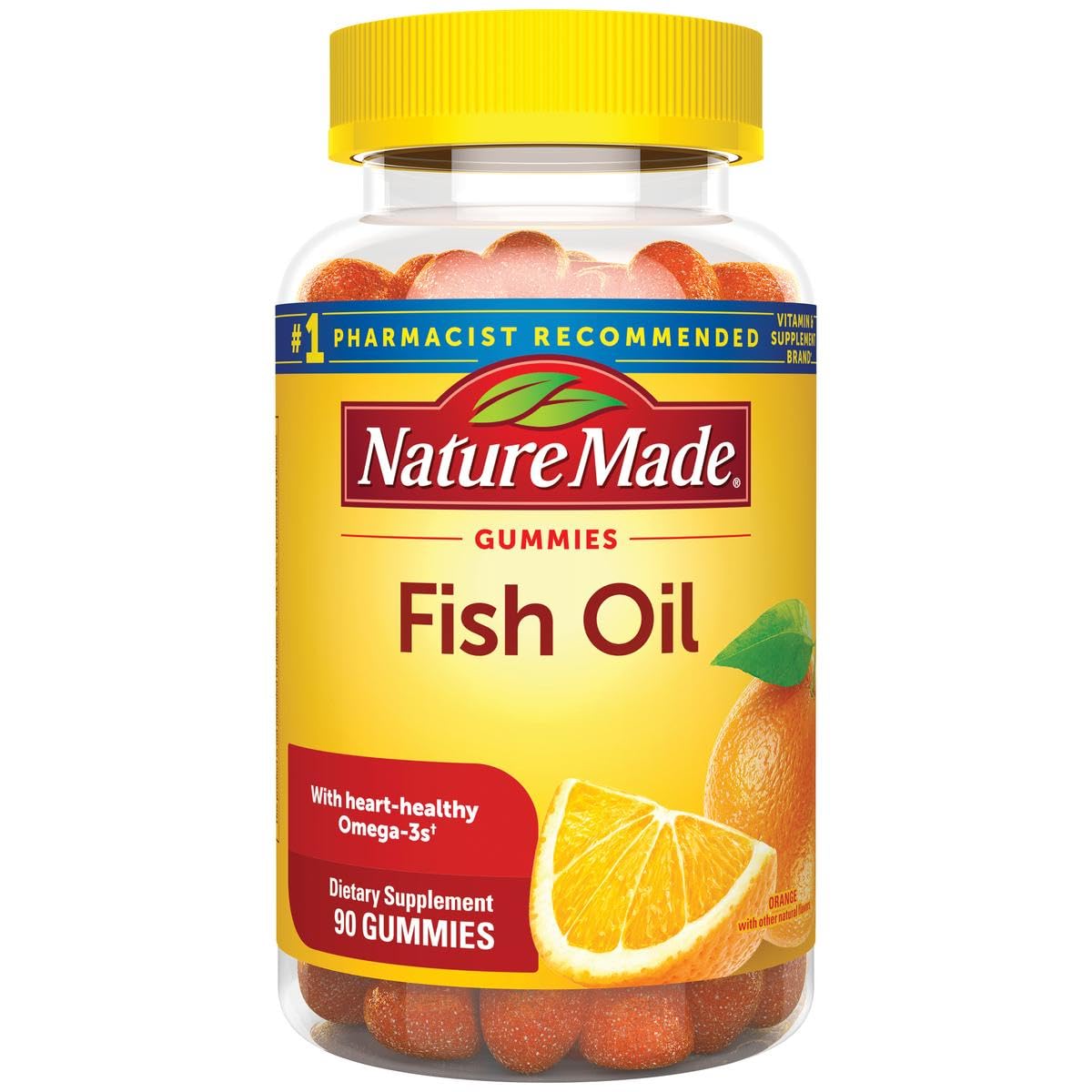 Nature Made Fish Oil Gummies bottle with strawberry, lemon and orange flavors