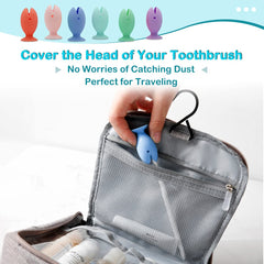 Travel-friendly silicone toothbrush caps attached to a toothbrush