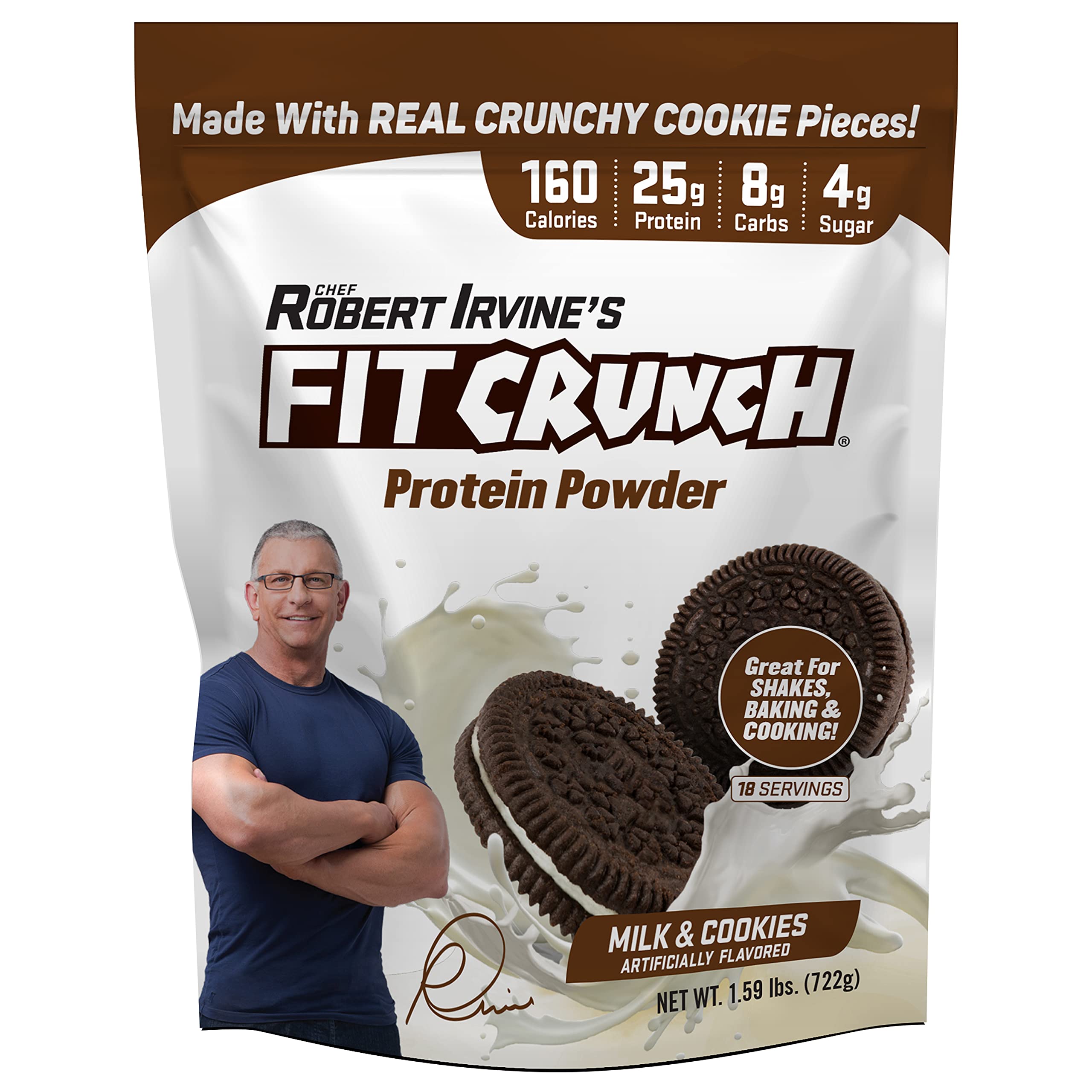 Fit Crunch tri-blend whey powder tub shows high-protein powder for shakes and baking.