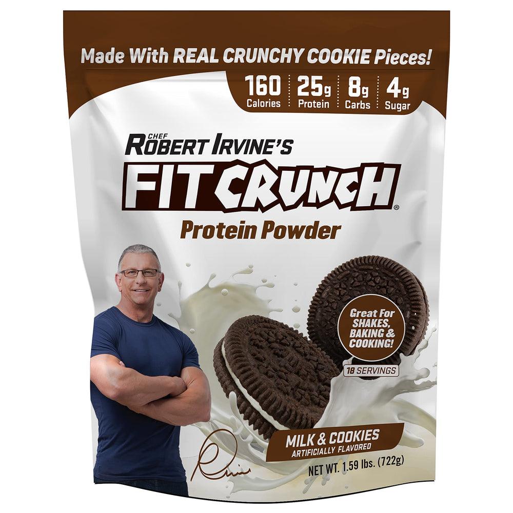 Fit Crunch tri-blend whey powder tub shows high-protein powder for shakes and baking.