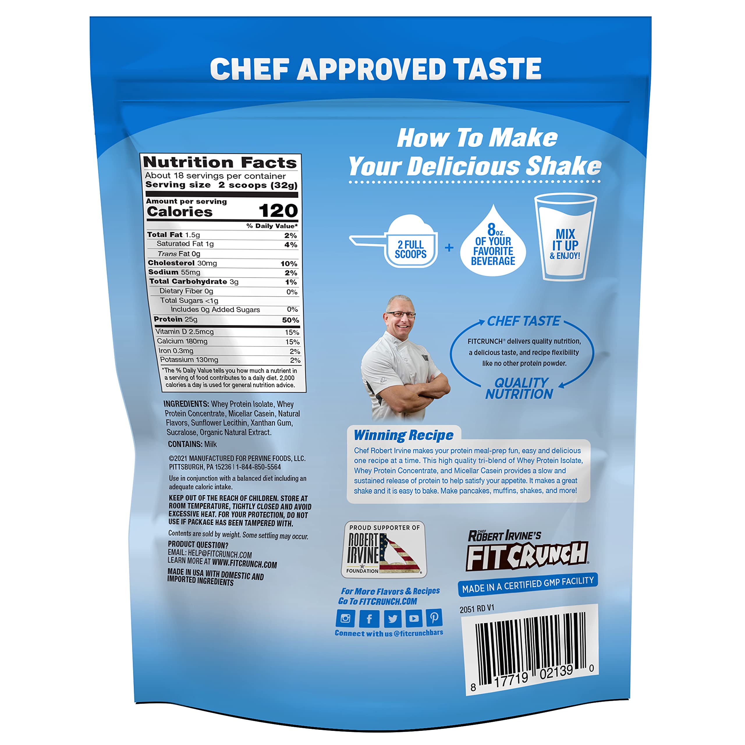 Fit Crunch Tri-Blend scoop and bag illustrate fast and slow-digesting proteins for balanced nutrition.