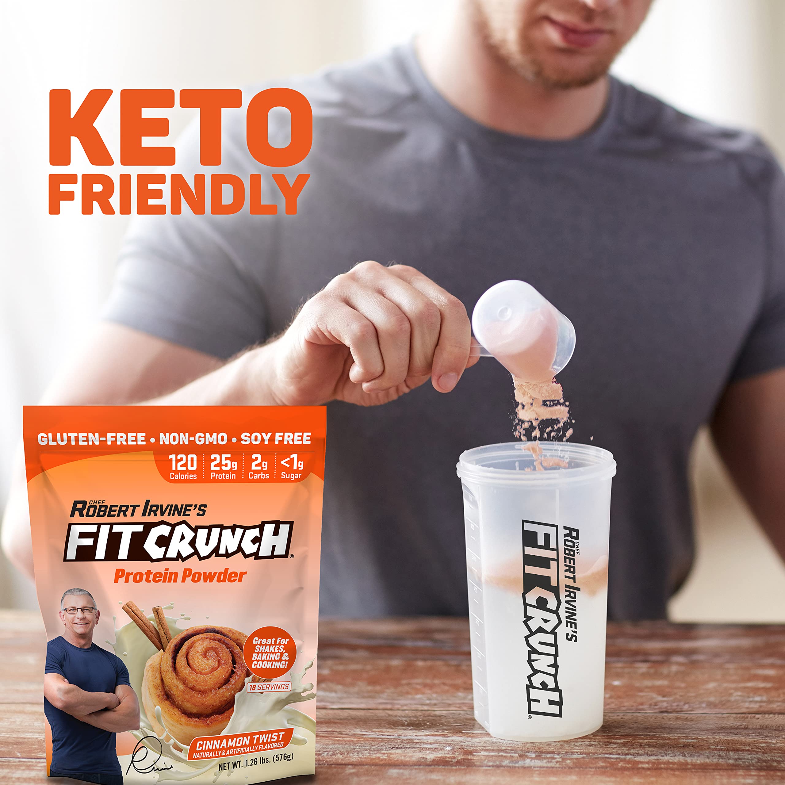 Fit Crunch Tri-Blend protein scoop emphasizes bake-friendly powder for versatile recipes.