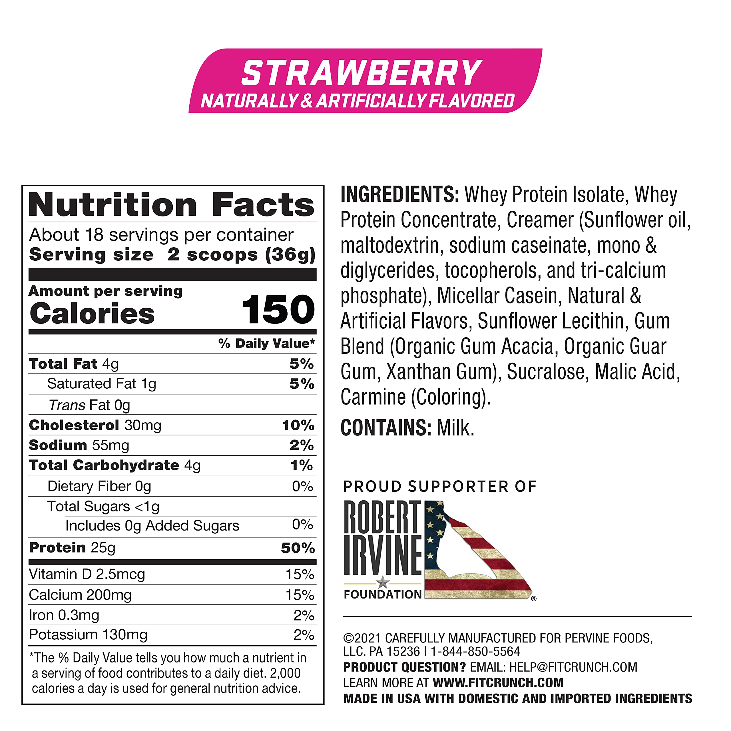 Fit Crunch strawberry powder pour emphasizes quick-mix convenience.