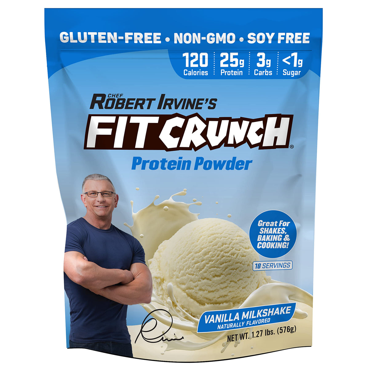 Fit Crunch Tri-Blend Whey Protein vanilla milkshake tub highlights high-protein, low-sugar nutrition.