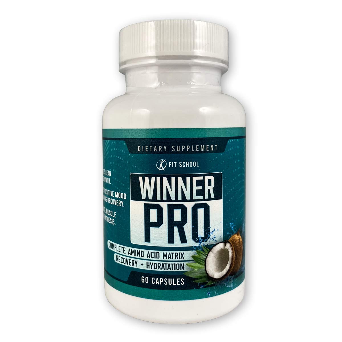 FIT SCHOOL Winner PRO bottle closeup highlighting pure organic ingredients for lean muscle support.