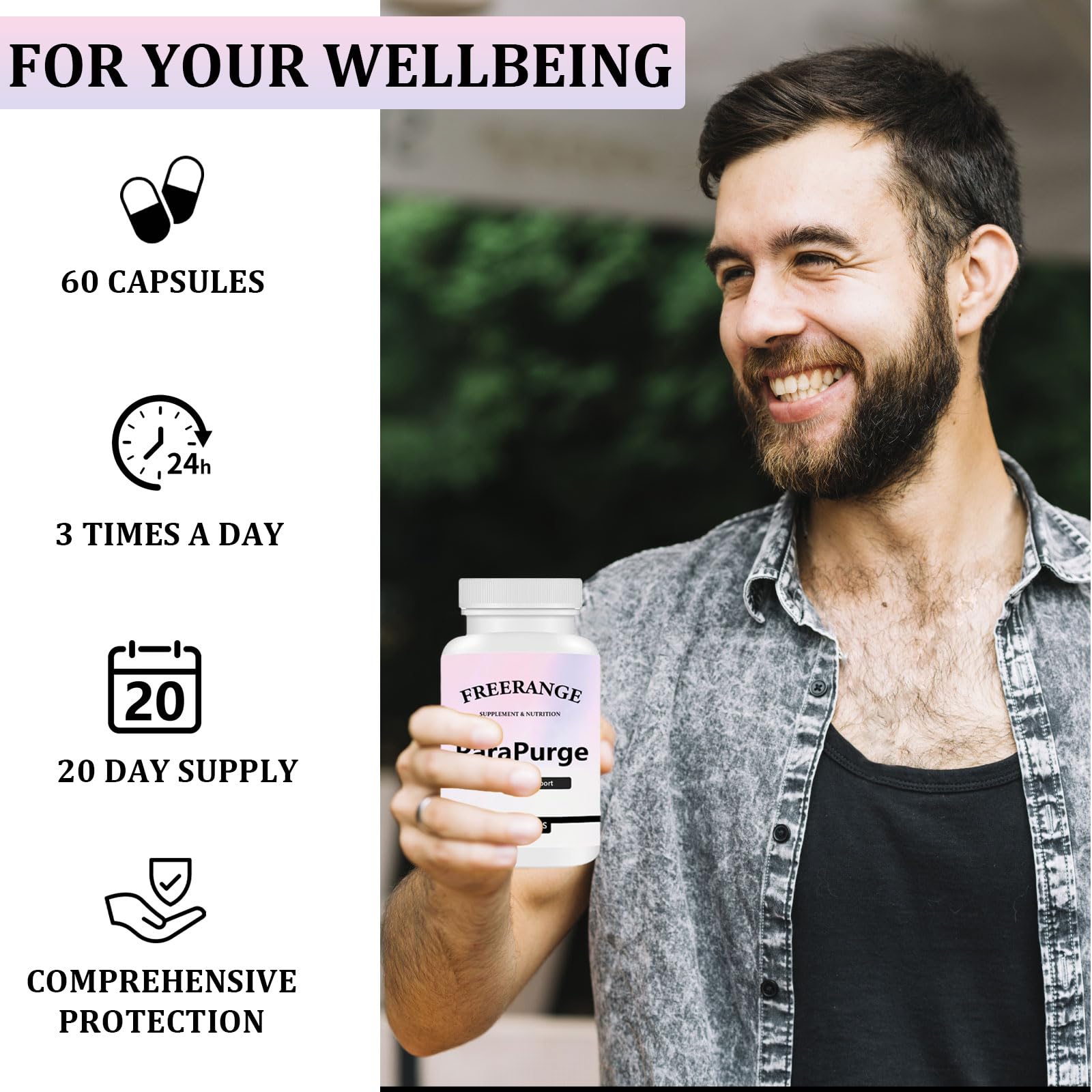 FITactic ParaPurge packaging detail shows gluten-free, soy-free, and additive-free formula.