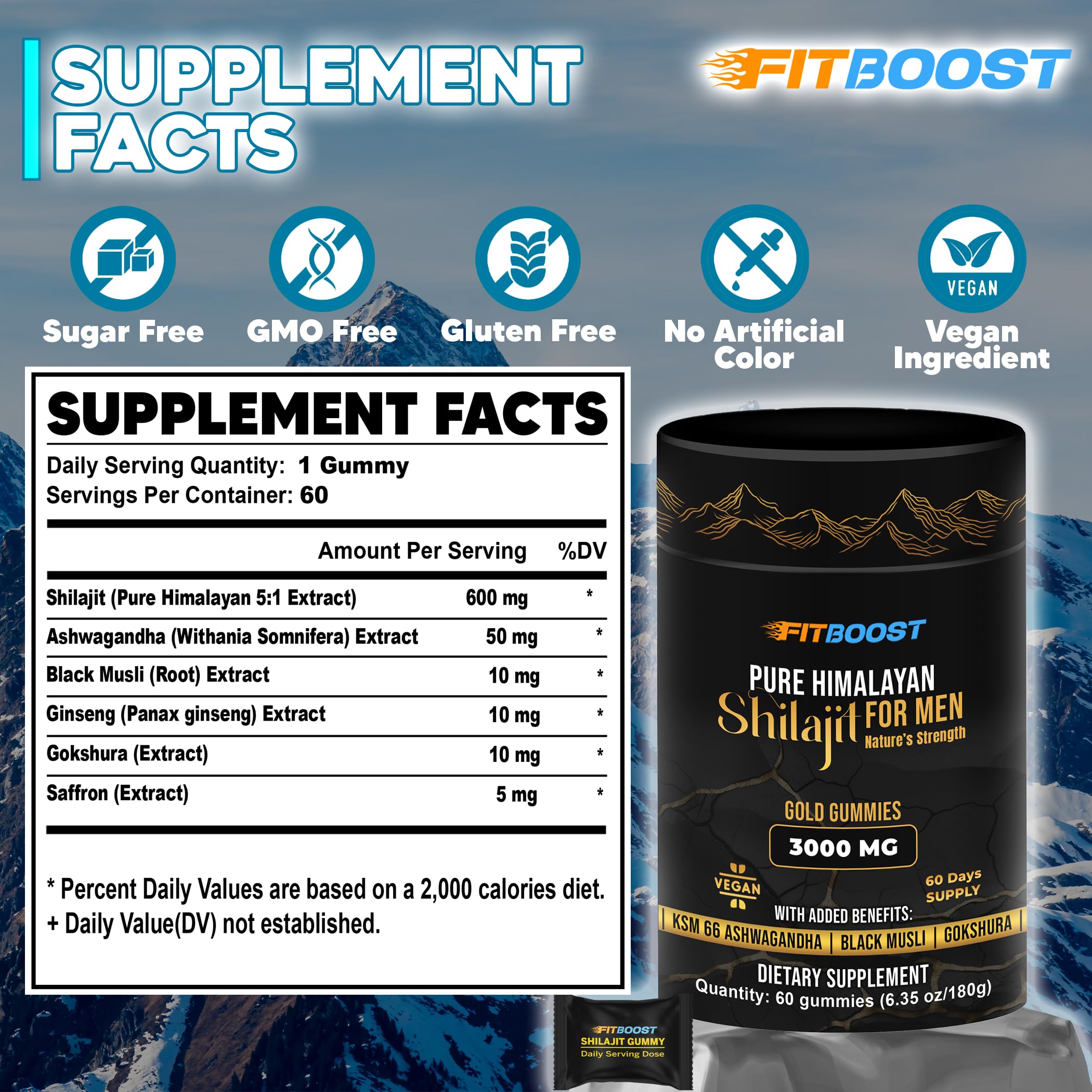 Front view of FITBOOST Shilajit Gummies pack