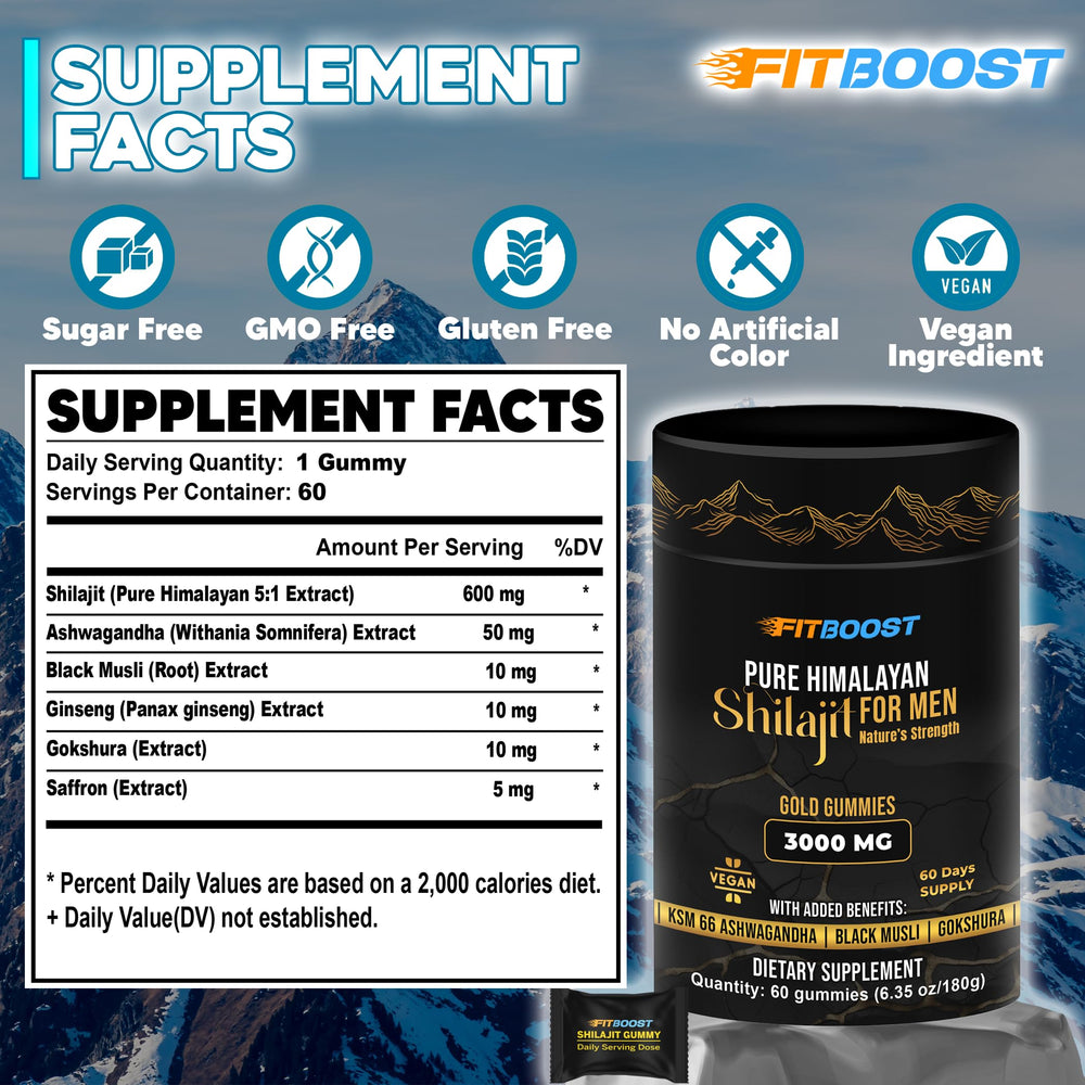 Front view of FITBOOST Shilajit Gummies pack