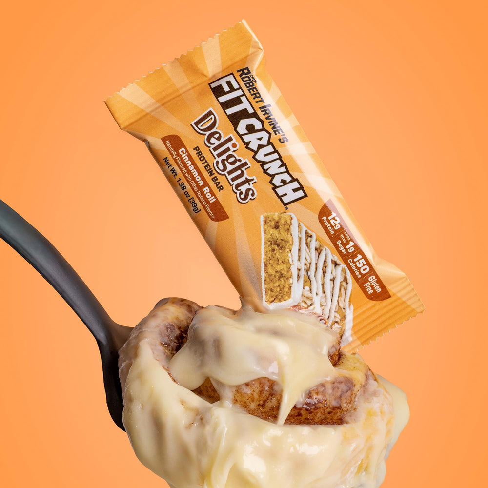 Fit Crunch Delights Cinnamon Roll bar aroma and gluten-free option highlighted.