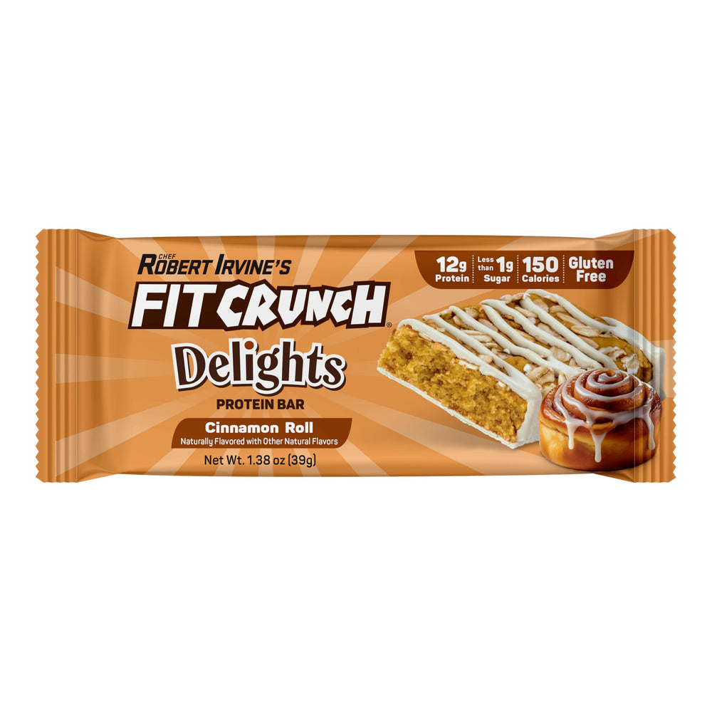 Fit Crunch Delights Cinnamon Roll nutrition cross-section; reveals soft texture and cinnamon swirls.