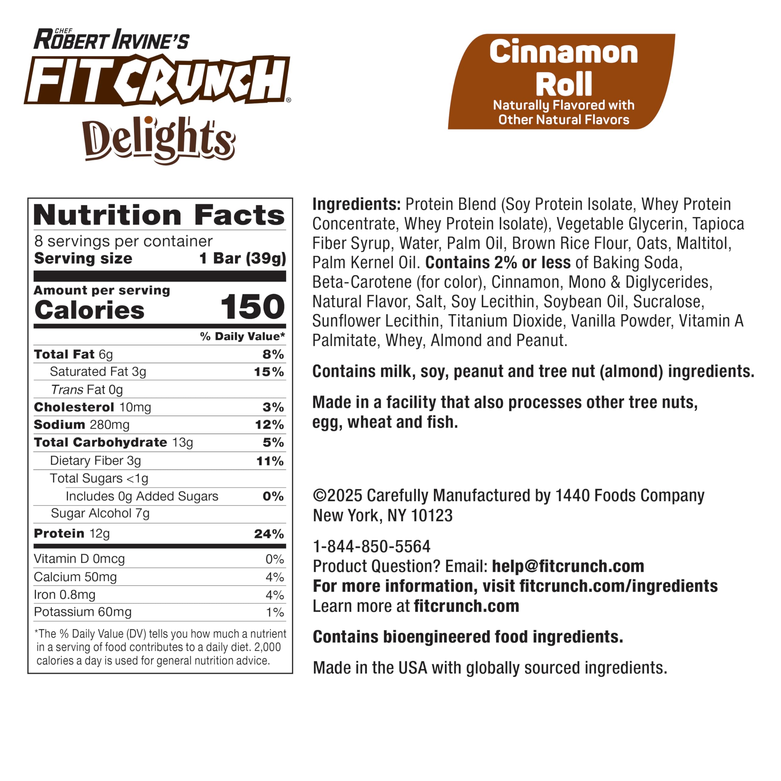 Fit Crunch Delights Cinnamon Roll pack 8-bar box; convenient gluten-free indulgence on the go.